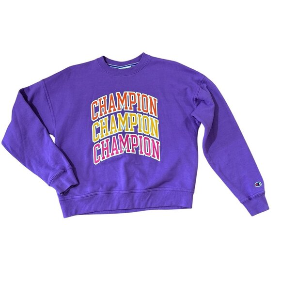 Champion Purple Sweatshirt Pullover Crewneck Sweater Shirt Top Pink Yellow Small - Picture 1 of 9